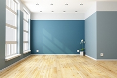 Empty blue living room with big windows - rendering